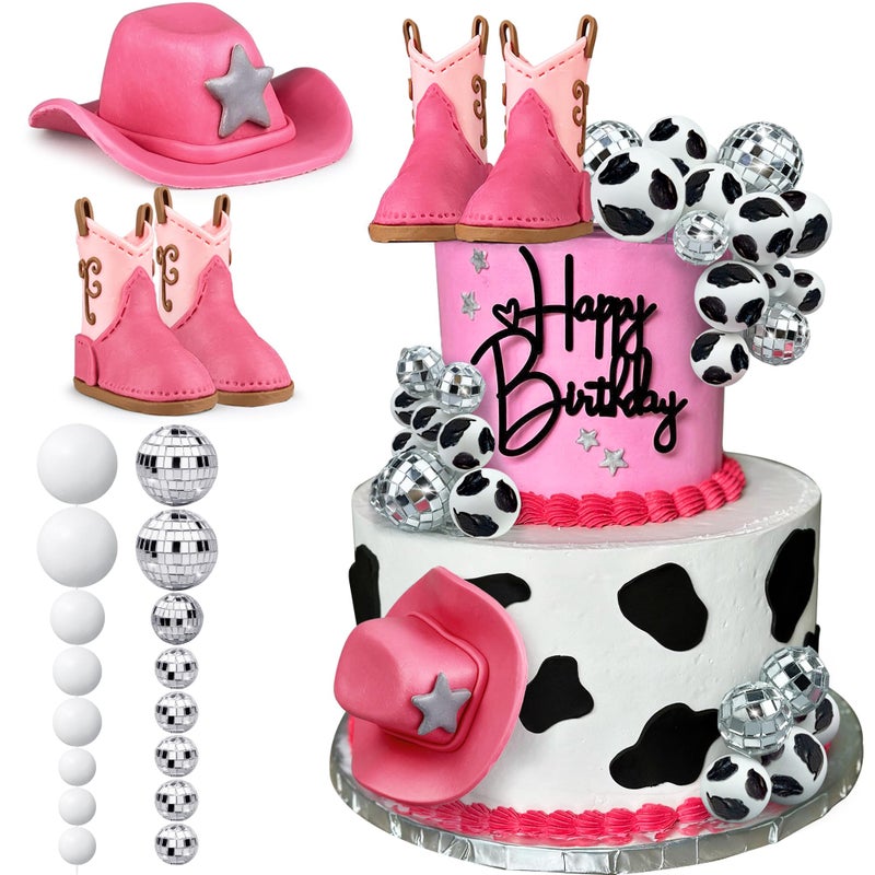 KEEPARTY 25PCS Cowgirl Cake Decorations Cowgirl Hat and Boot Cake Toppers Disco Ball Cake Topper Western Cowgirl Birthday Baby Shower Party Favors Supplies - Image 1